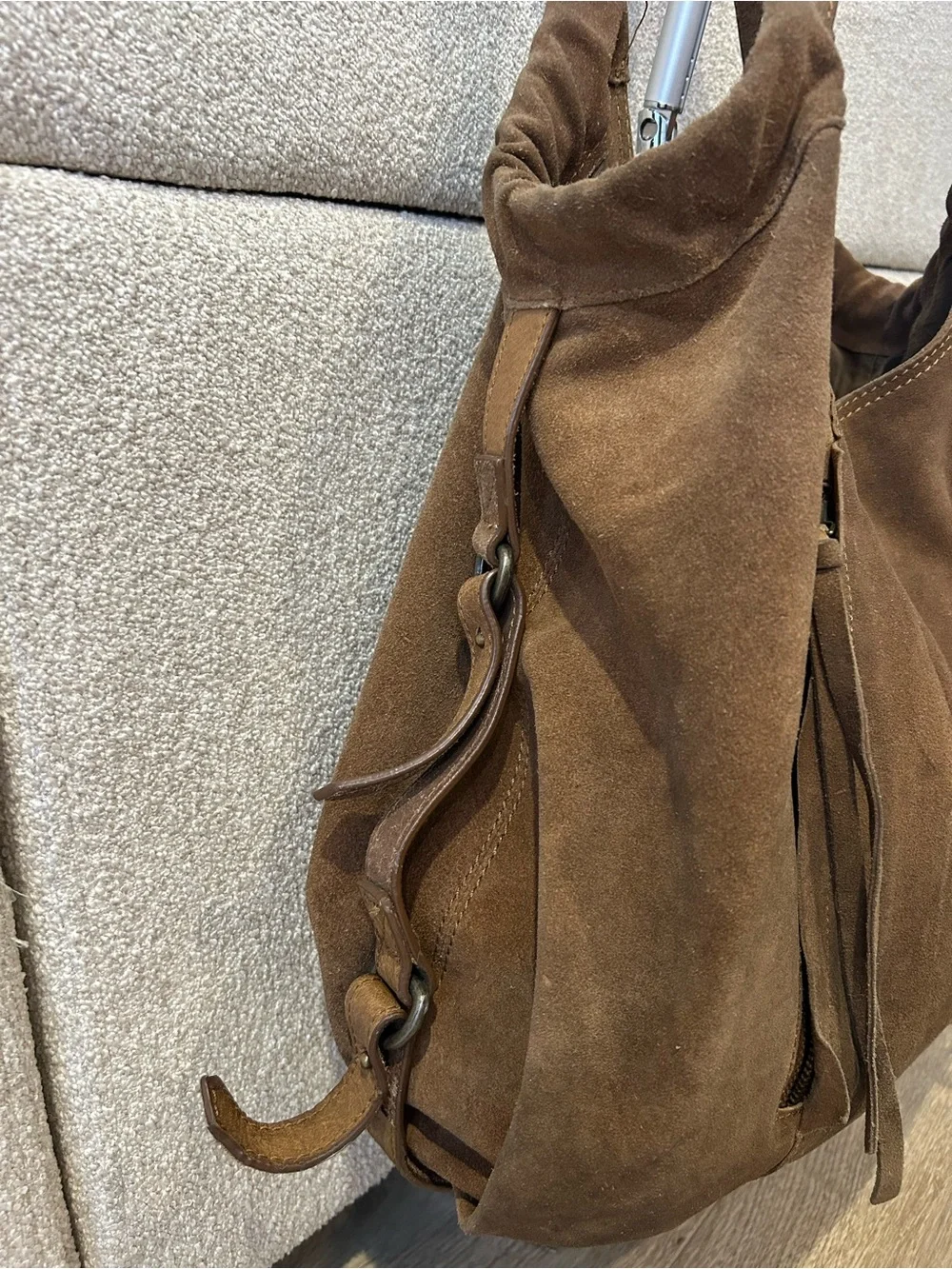 BDG Brown Suede Hobo Bag with Tassel Zips